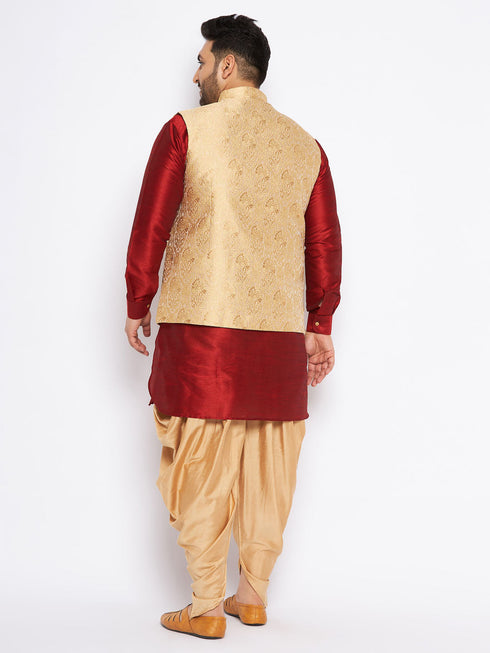 Vastramay Men's Plus Size Rose Gold Woven Nehru Jacket With Maroon Kurta And Rose Gold Dhoti Set
